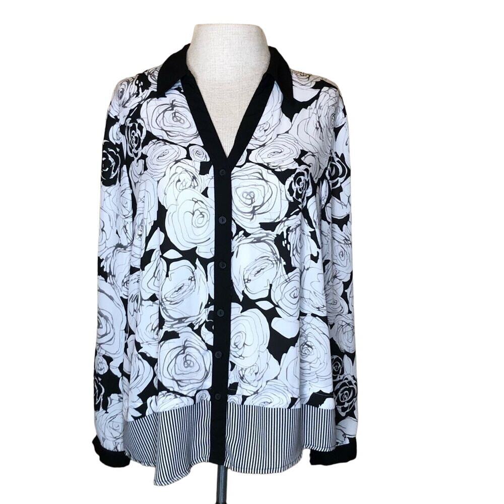 Sunny Leigh Floral & Stripe Button Down Shirt Womens Lightweight L